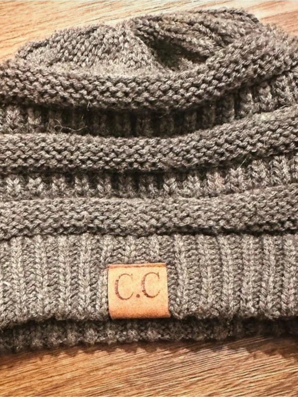 C.C women's Charcoal Knit Beanie with Leather Logo Patch